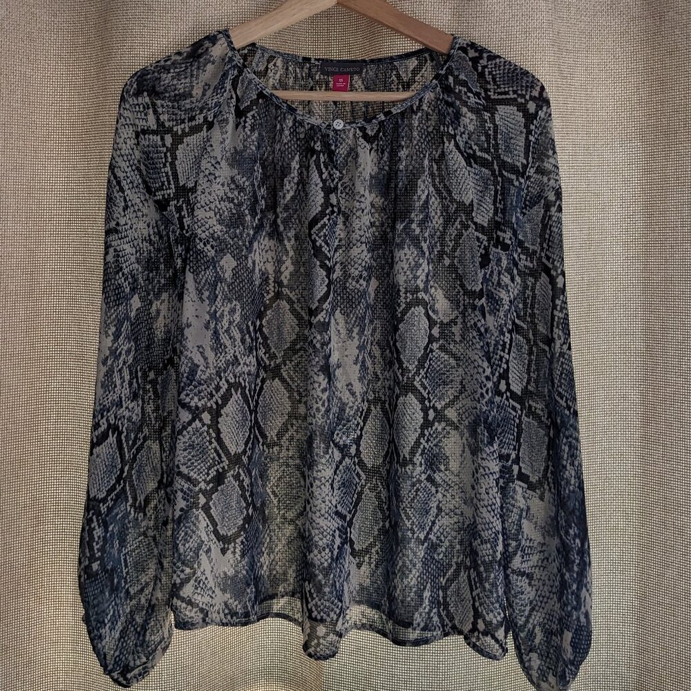 Vince Camuto Snakeskin Print Sheer Lightweight Long Sleeve Blouse, Size XS